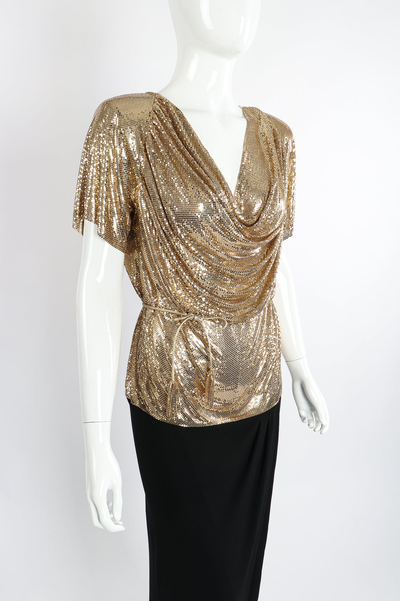Vintage Anthony Ferrara Gold Mesh Draped Cowl Dress on Mannequin Angle Crop at Recess Los Angeles