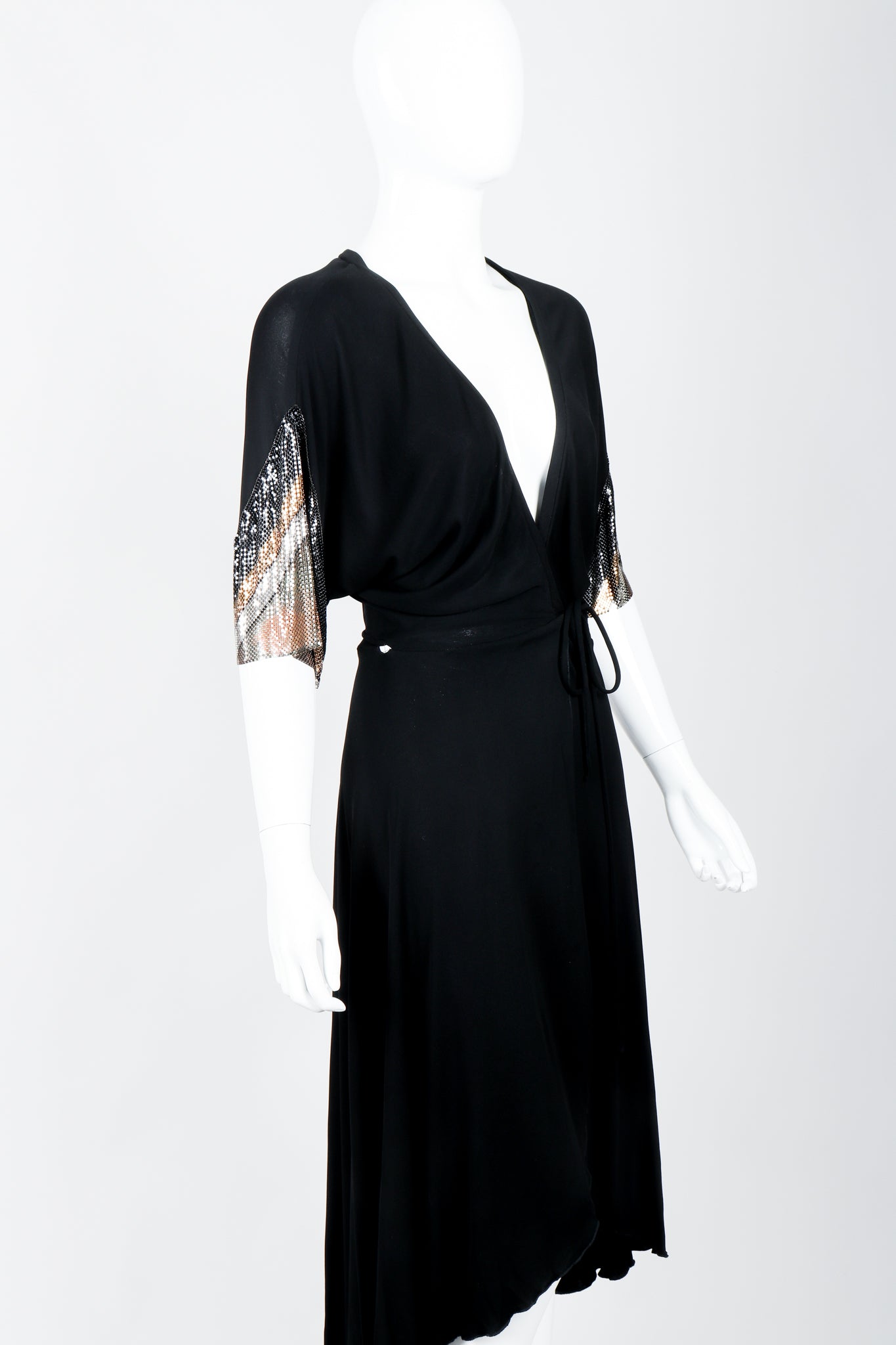 Vintage Anthony Ferrara Chevron Mesh Sleeve Wrap Dress on mannequin crop at Recess