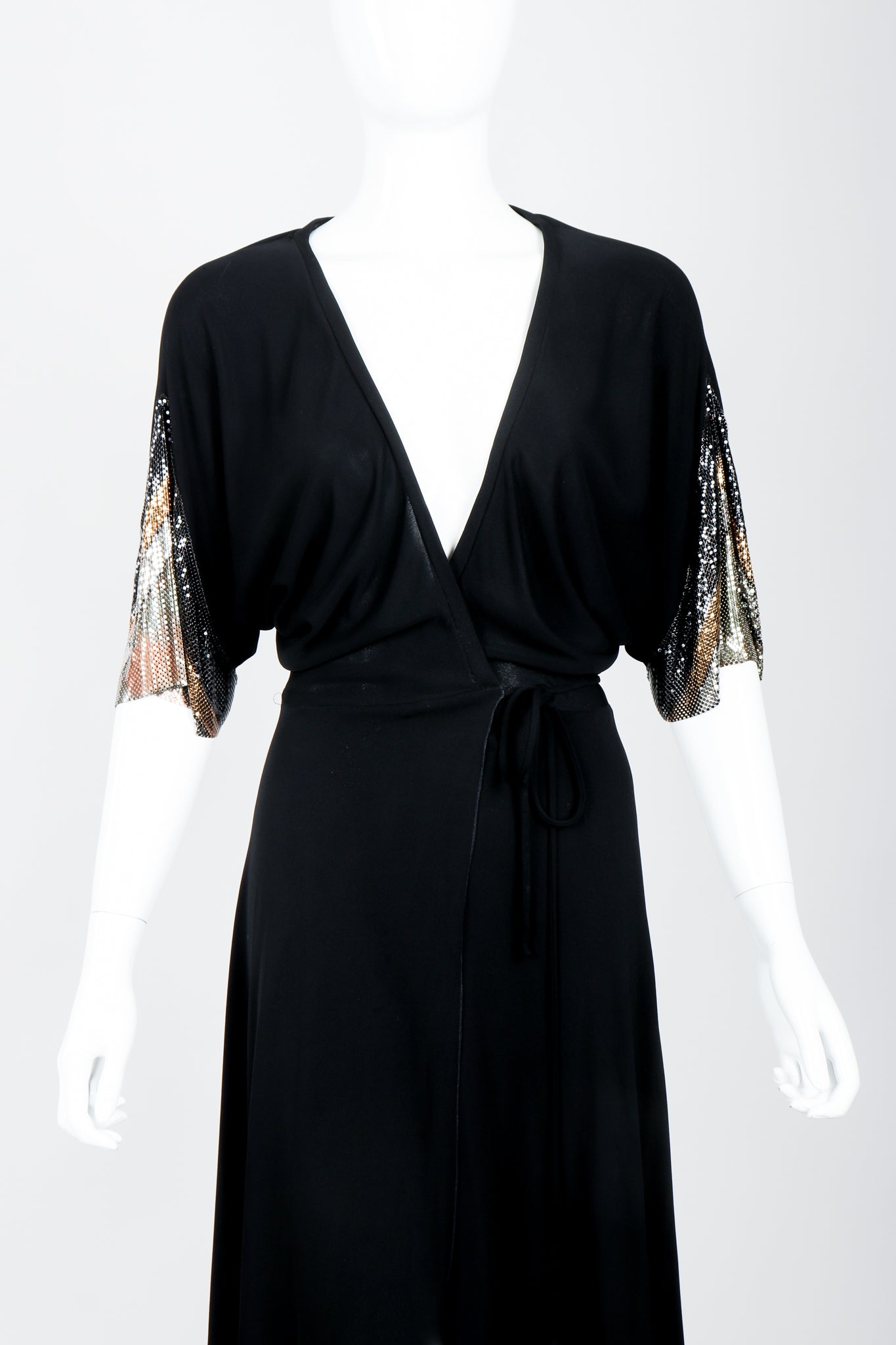 Vintage Anthony Ferrara Chevron Mesh Sleeve Wrap Dress on mannequin front crop at Recess