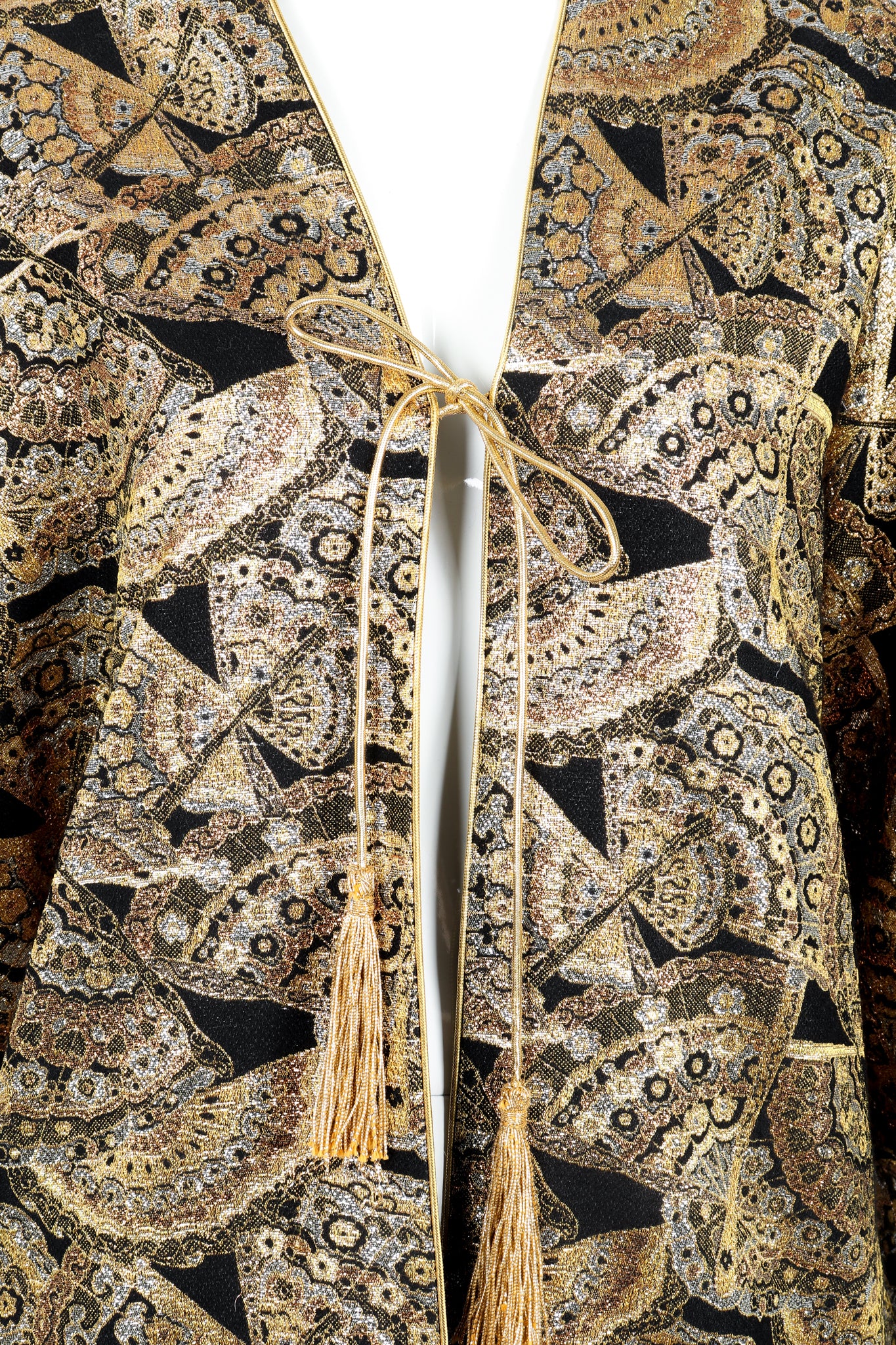 Vintage Anthony Muto Golden Brocade Fan Coccon Coat on Mannequin tassel tie at Recess