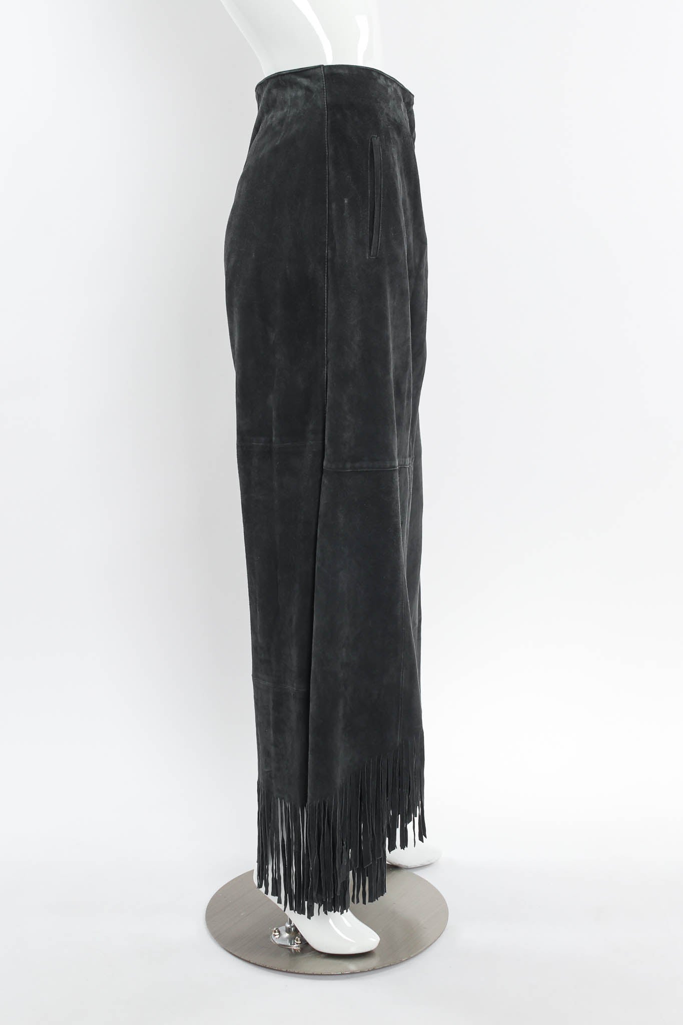 Vintage Giorgio Armani Suede Fringe Drape Pant mannequin side @ Recess LA
