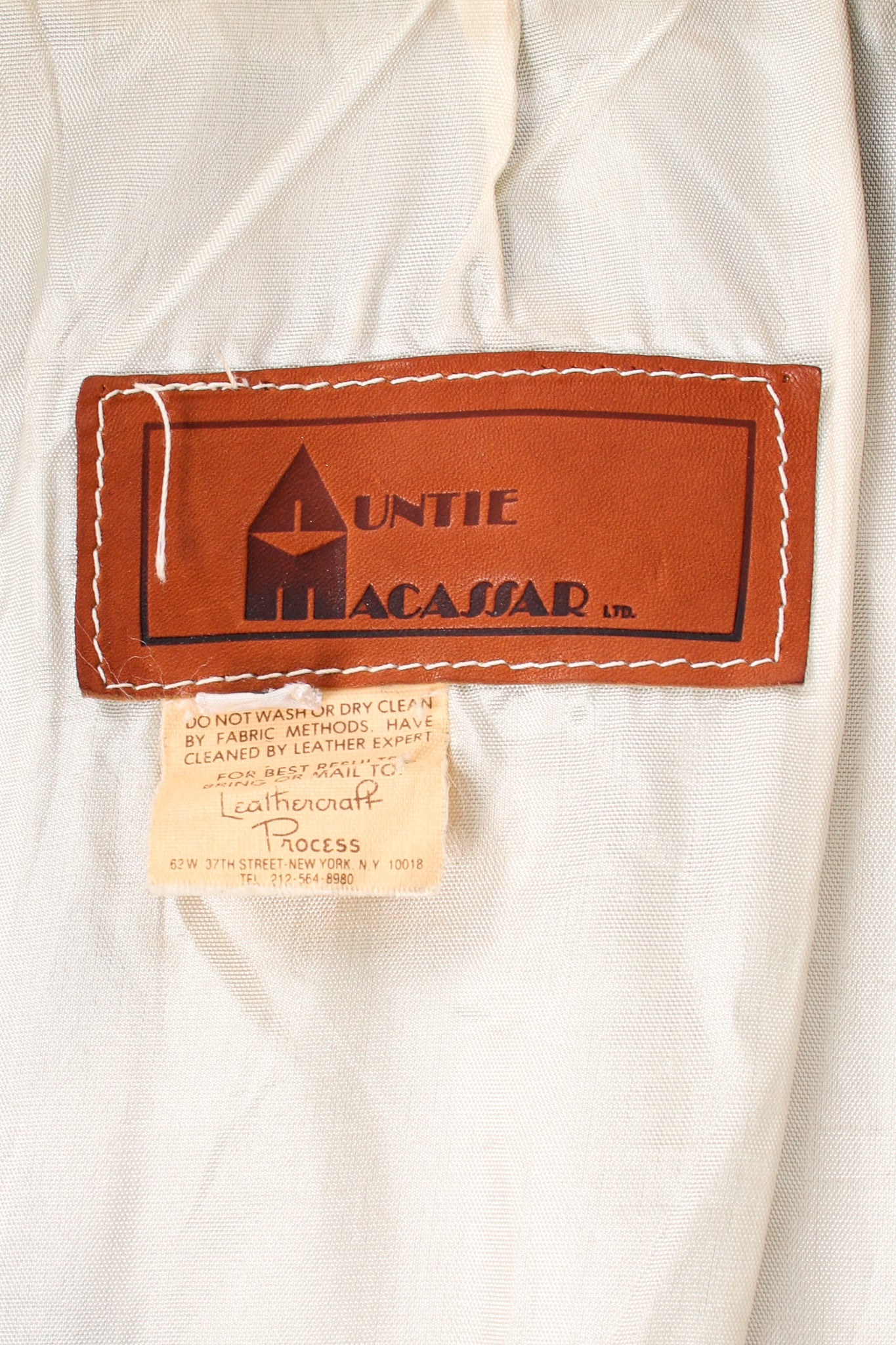 Vintage Auntie Macassar Leather Appliqué Kimono Duster Coat label at Recess LA