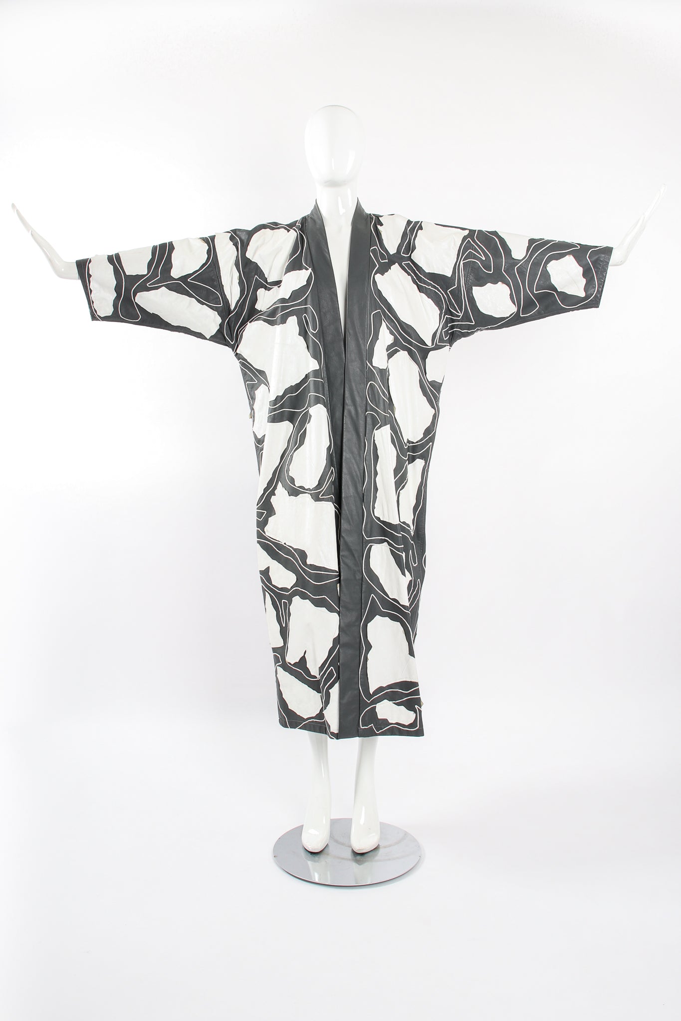 Vintage Auntie Macassar Leather Appliqué Kimono Duster Coat on Mannequin wide front at Recess LA