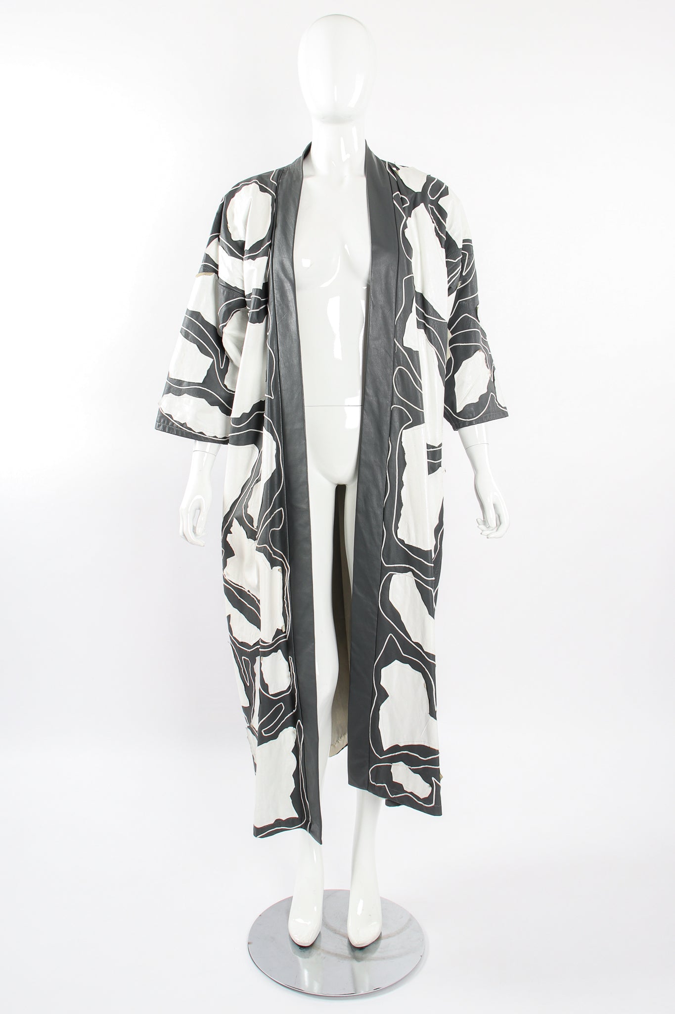 Vintage Auntie Macassar Leather Appliqué Kimono Duster Coat on Mannequin open at Recess LA