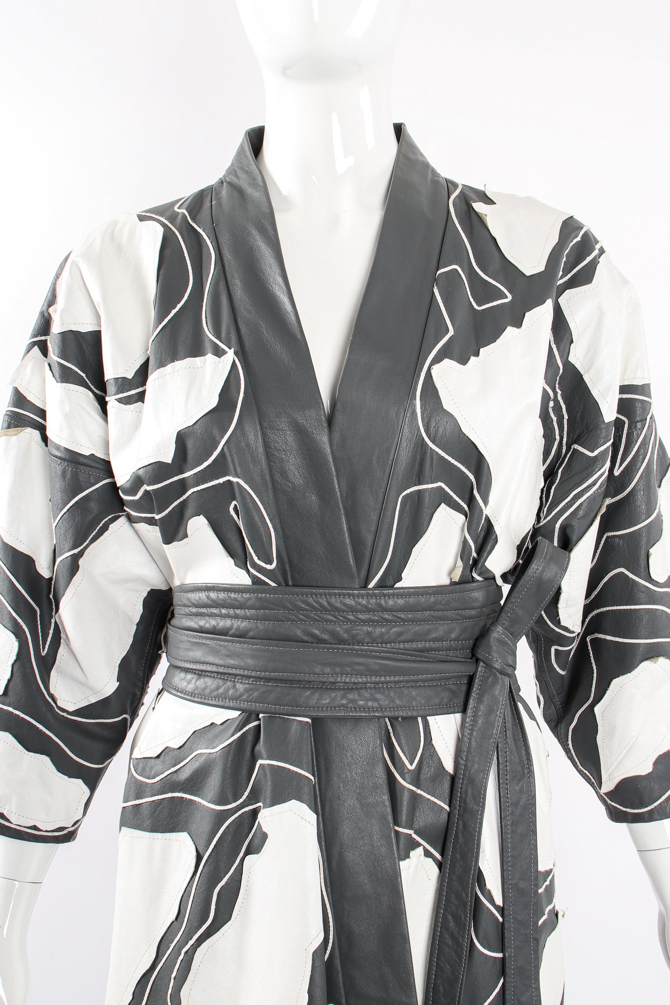 Vintage Auntie Macassar Leather Appliqué Kimono Duster Coat on Mannequin front crop at Recess LA