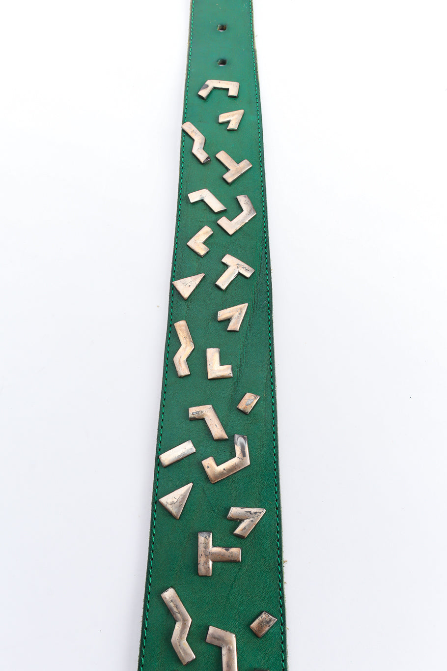green leather belt  by Avion International close up of studs  @recessla