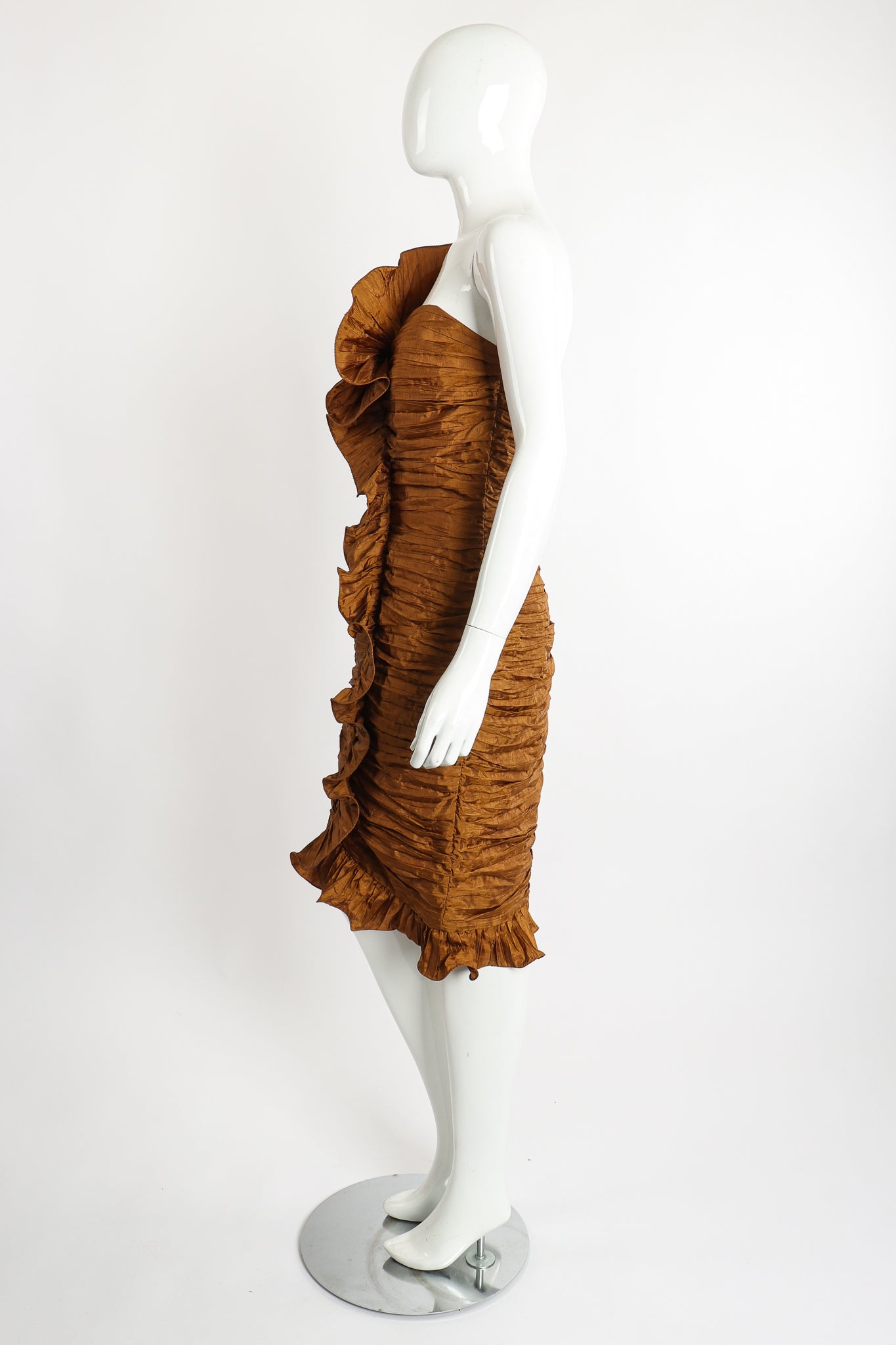 Vintage BB Collections Philodendron Ruched Ruffle Dress on Mannequin Side at Recess LA
