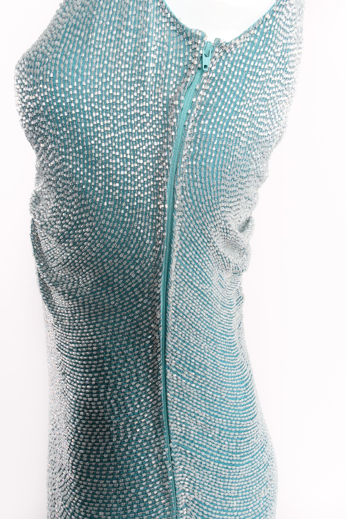 Vintage Badgley Mischka Beaded Ruched Bodice Dress on Mannequin side zip at Recess Los Angeles