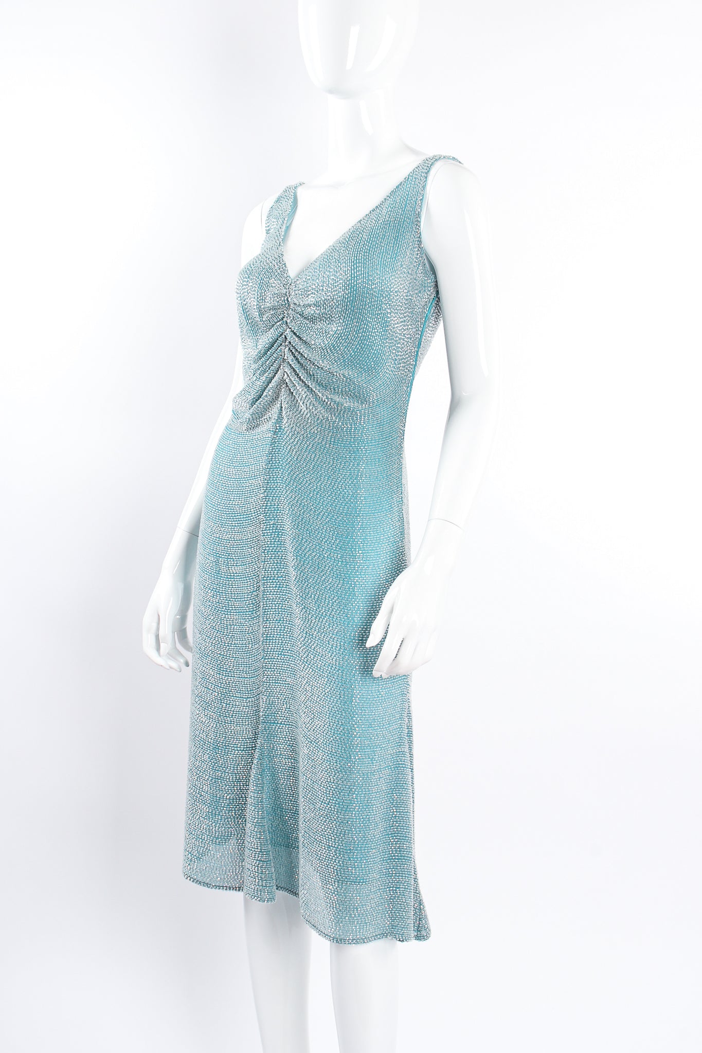 Vintage Badgley Mischka Beaded Ruched Bodice Dress on Mannequin angle at Recess Los Angeles