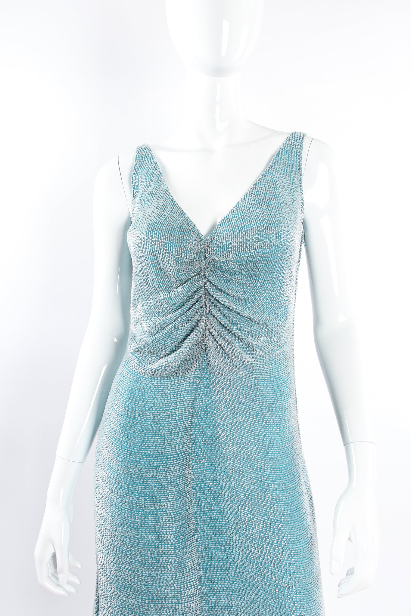 Vintage Badgley Mischka Beaded Ruched Bodice Dress on Mannequin bust at Recess Los Angeles