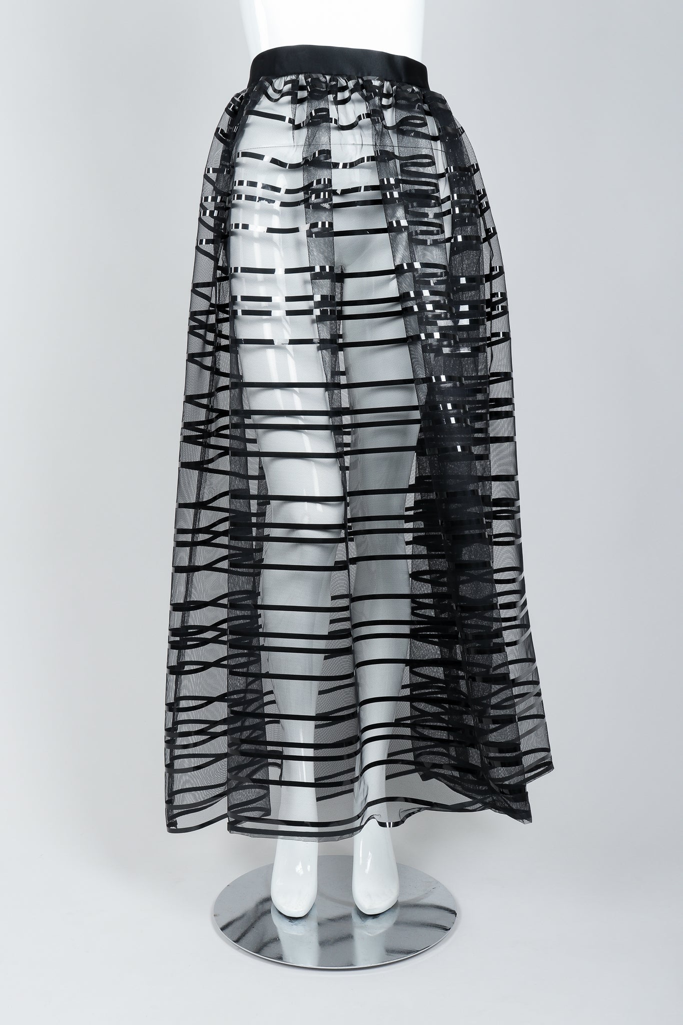 Vintage Badgley Mischka Sheer Black Striped Mesh Ball Skirt on Mannequin, front, at Recess