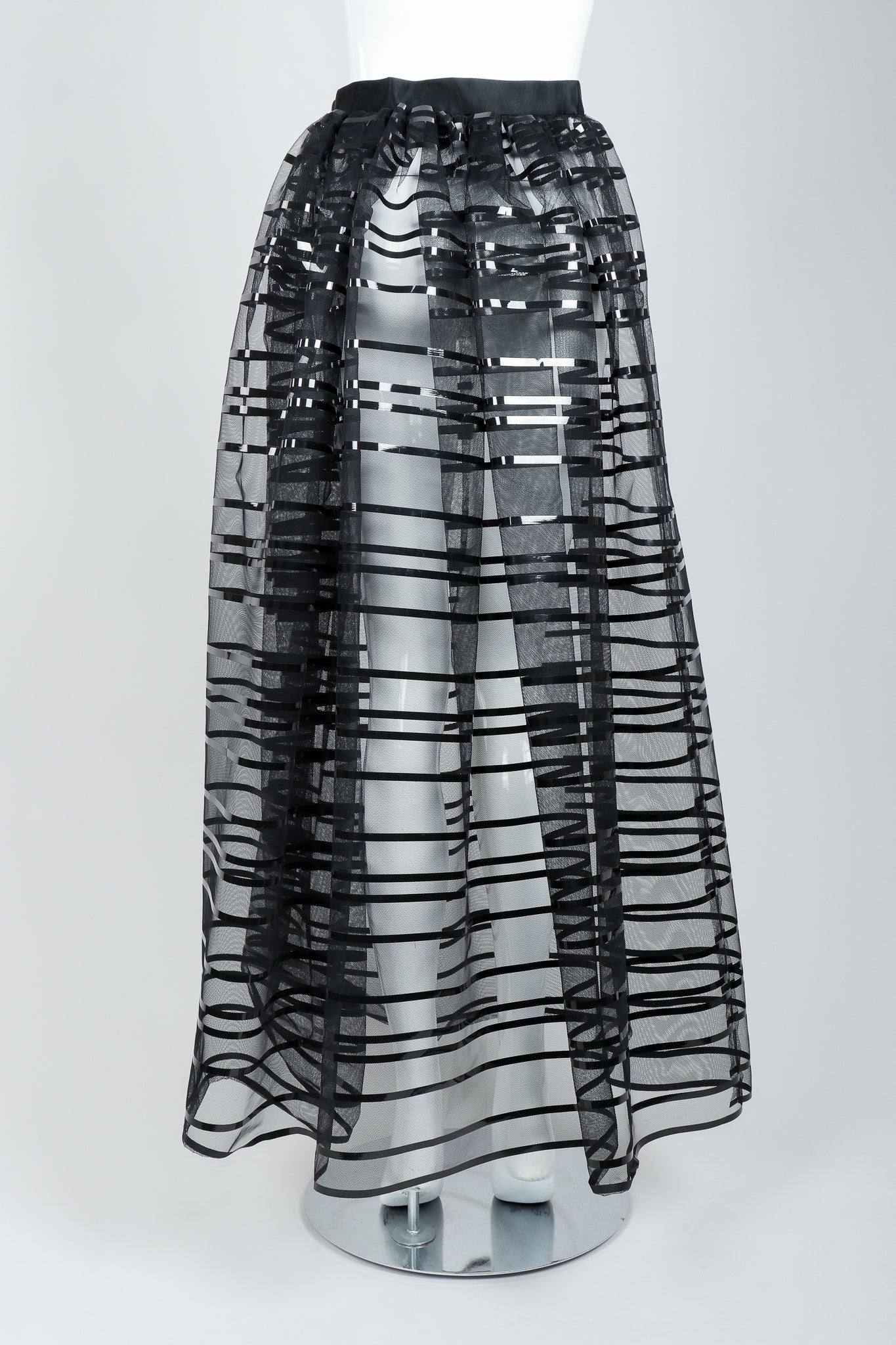 Vintage Badgley Mischka Sheer Black Striped Mesh Ball Skirt on Mannequin, back, at Recess