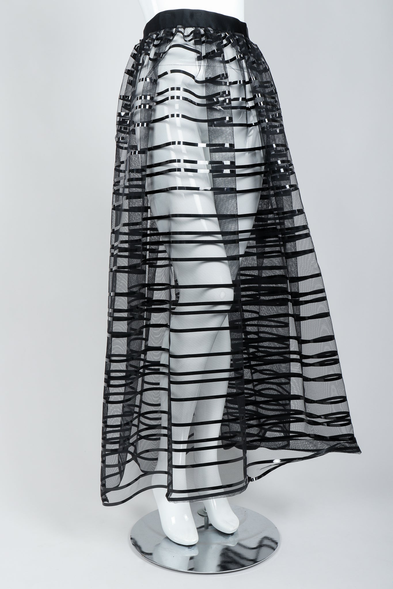 Vintage Badgley Mischka Sheer Black Striped Mesh Ball Skirt on Mannequin, angled, at Recess