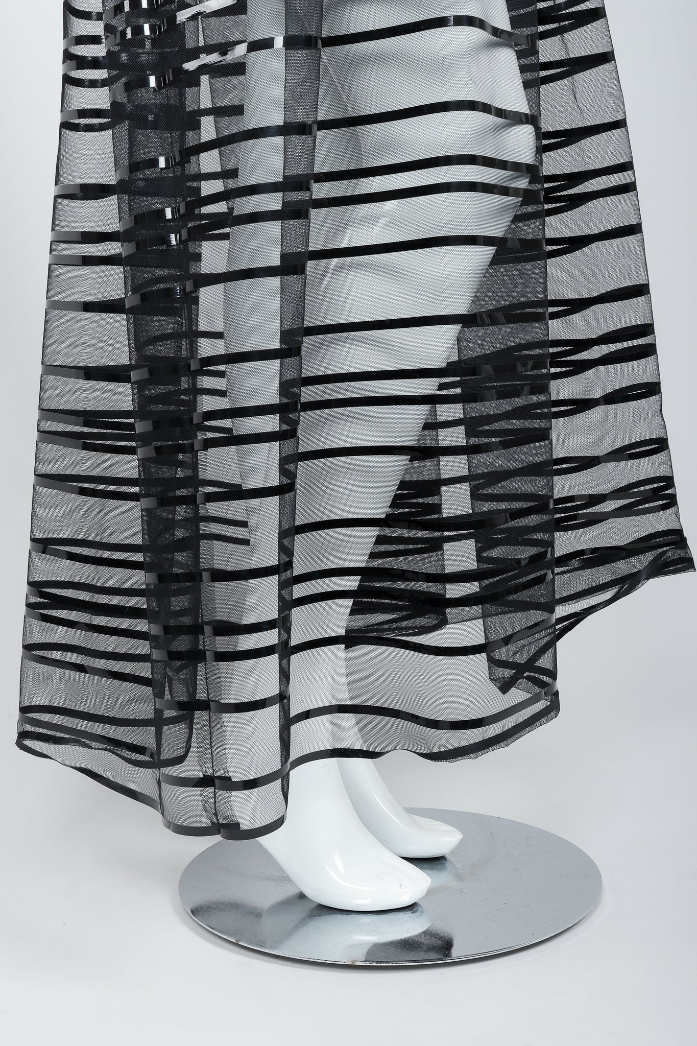 Vintage Badgley Mischka Sheer Black Striped Mesh Ball Skirt on Mannequin, hem, at Recess
