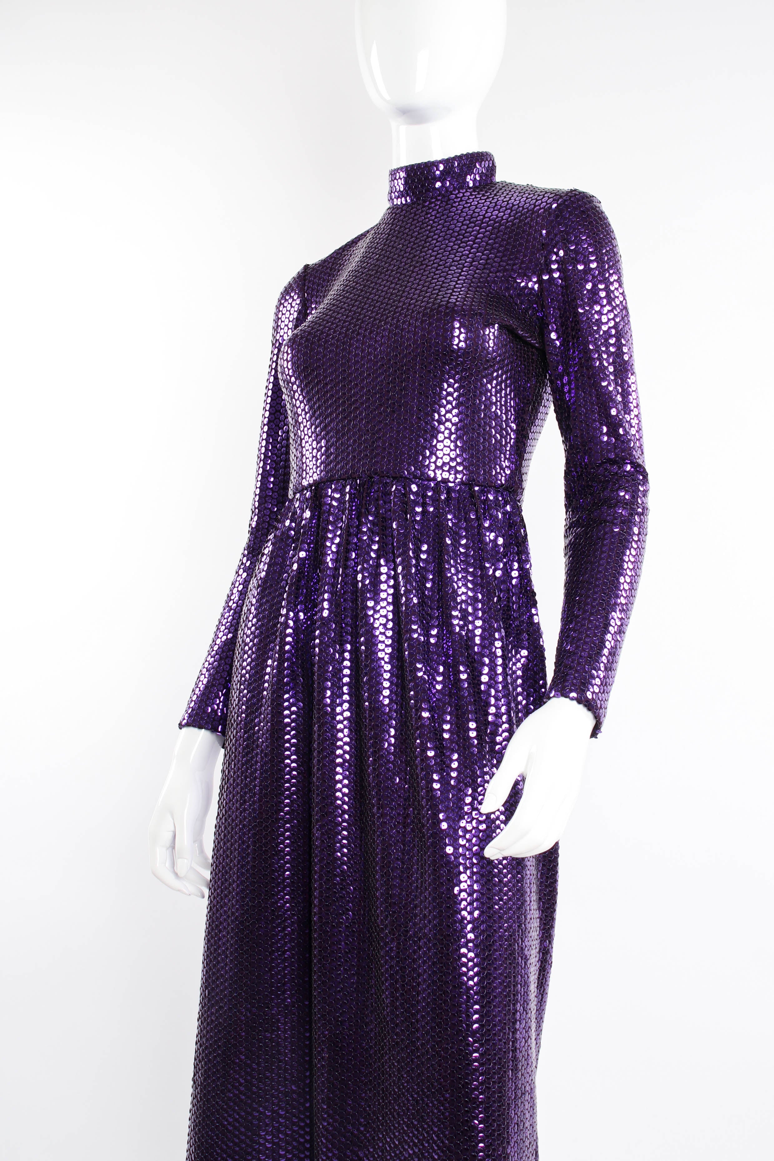 Vintage Bass Limited Violet Sequined Maxi Dress on mannequin at Recess Los Angeles (side crop)