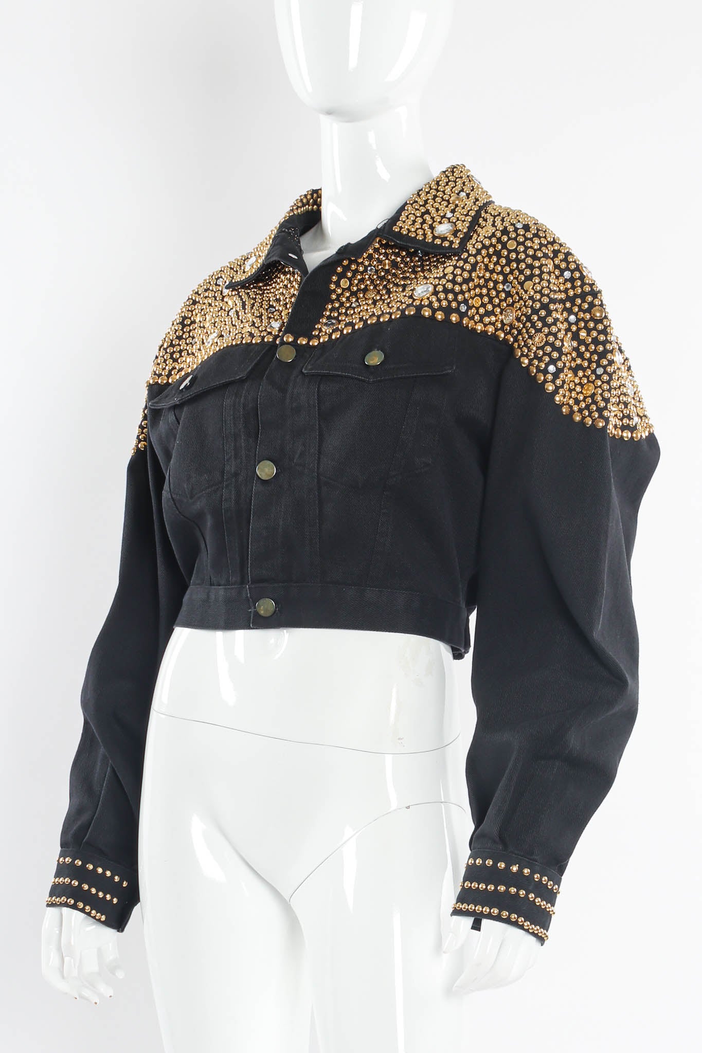 Vintage BeBe Studded Rhinestone Crop Denim Jacket mannequin angle @ Recess LA