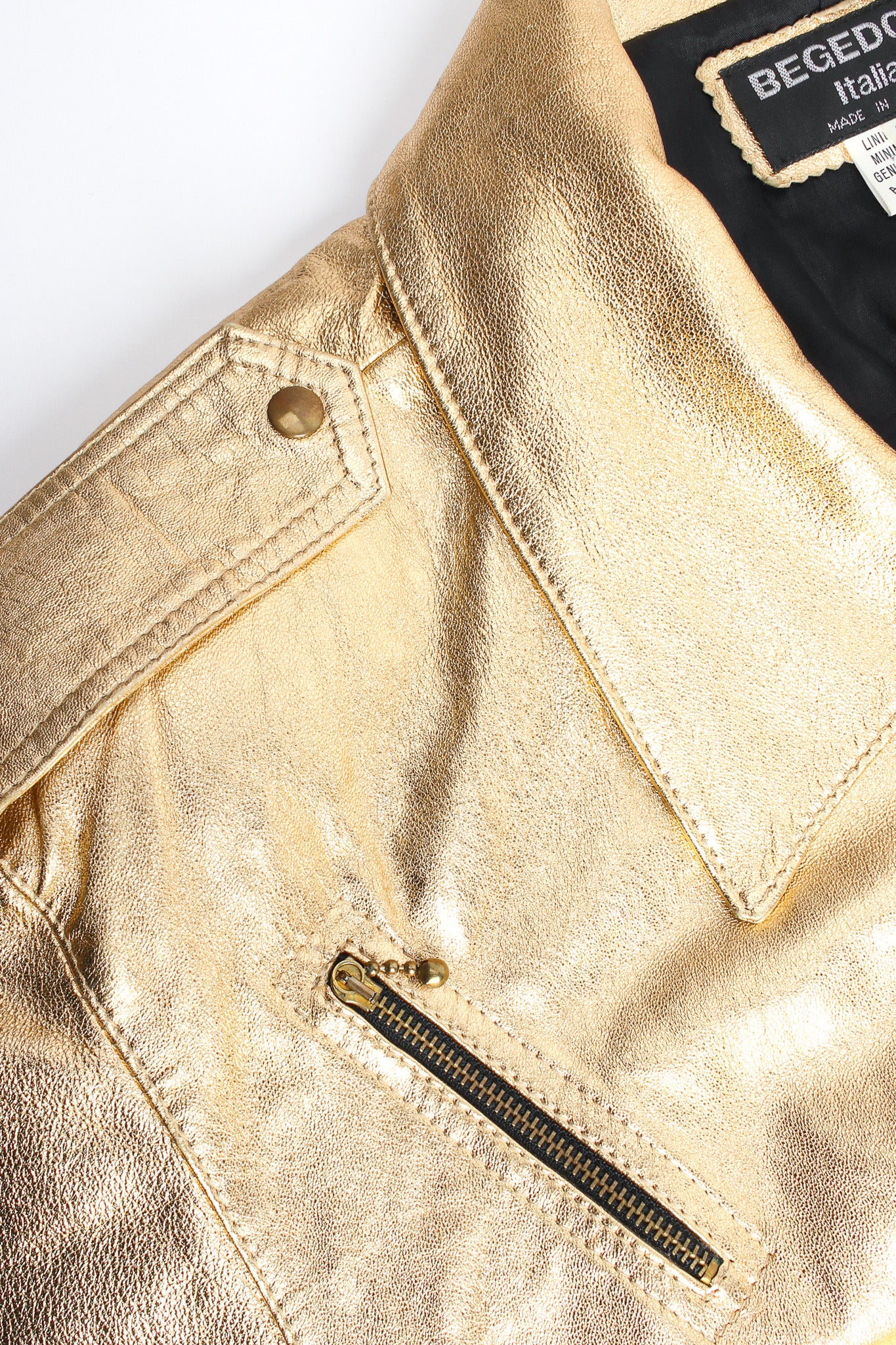 Vintage Begedor Metallic Leather Jacket top zipper/strap detail @ Recess LA