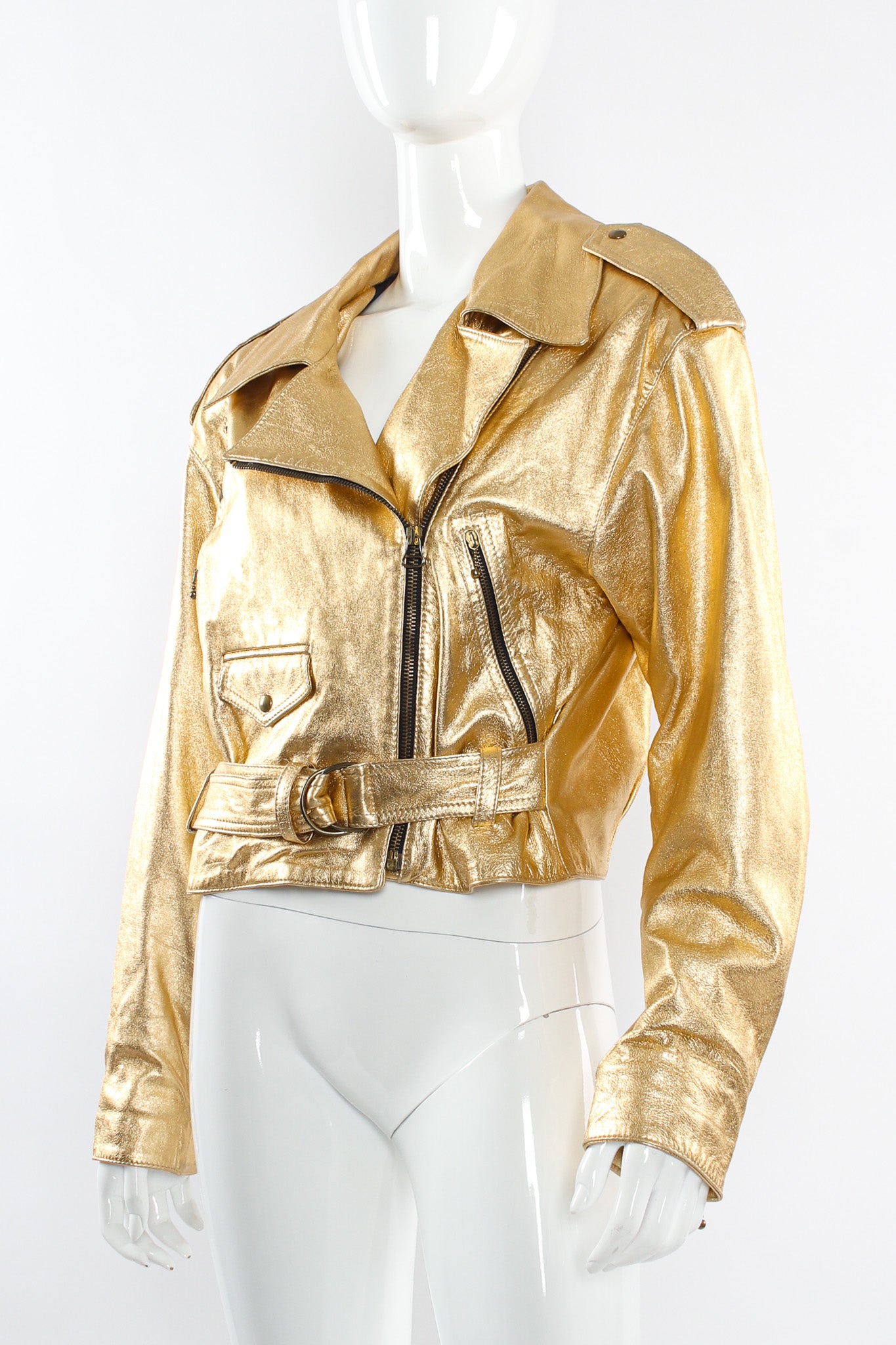 Vintage Begedor Metallic Leather Jacket mannequin side angle @ Recess LA