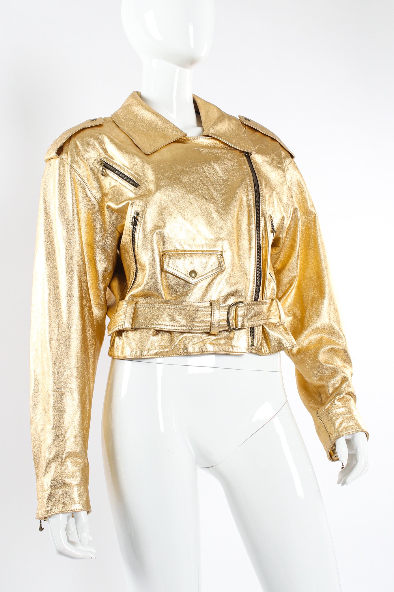 Vintage Begedor Metallic Leather Jacket mannequin front angle @ Recess LA