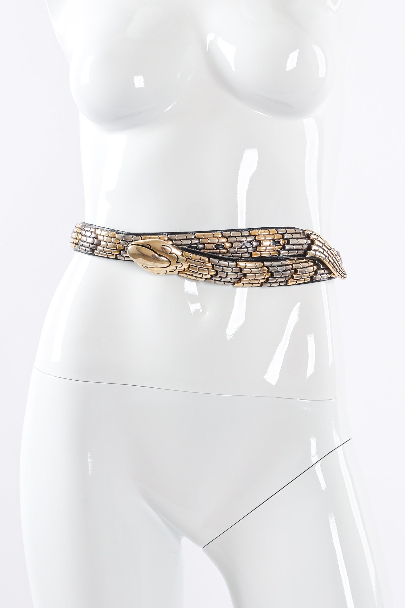 Vintage Bijoux Medici J. Blumenthal Mixed Metal Leather Snake Belt on mannequin at Recess Los Angeles