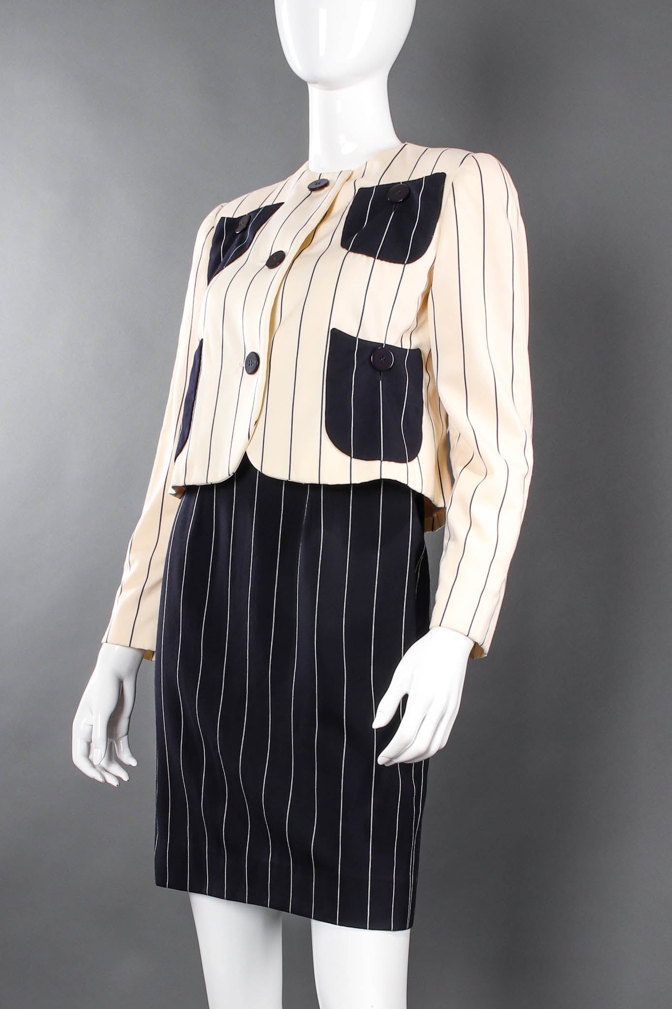 Vintage Bill Blass Contrast Stripe Jacket & Dress Set mannequin angle close @ Recess LA