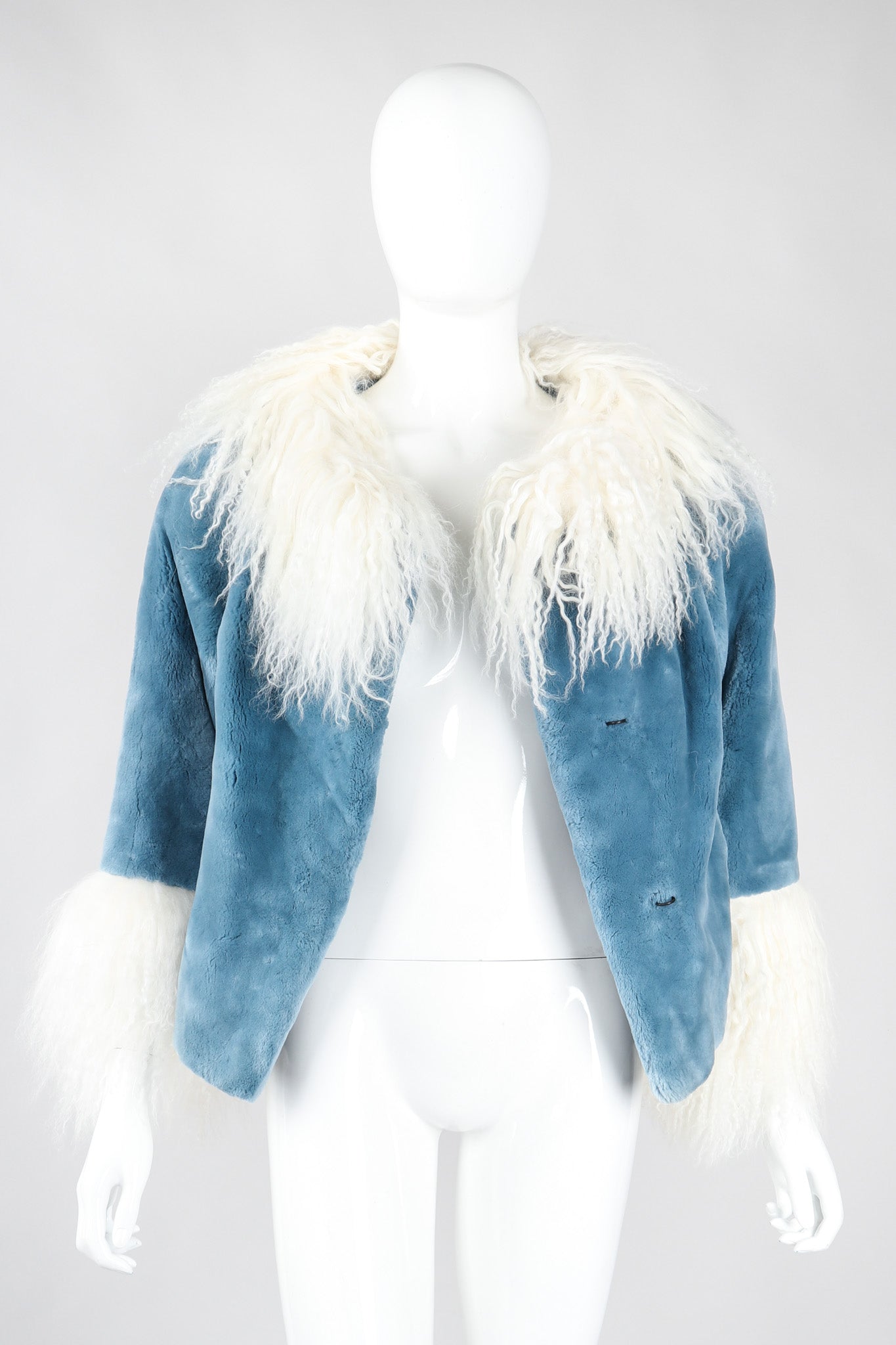Recess Los Angeles Vintage Designer René Mongolian Trimmed Plush Fur Jacket Sky Blue