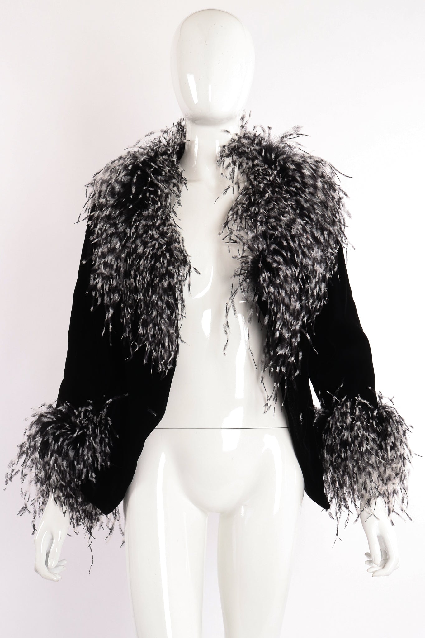 Vintage Bob Mackie Velvet Ostrich Feather Jacket on Mannequin open at Recess Los Angeles
