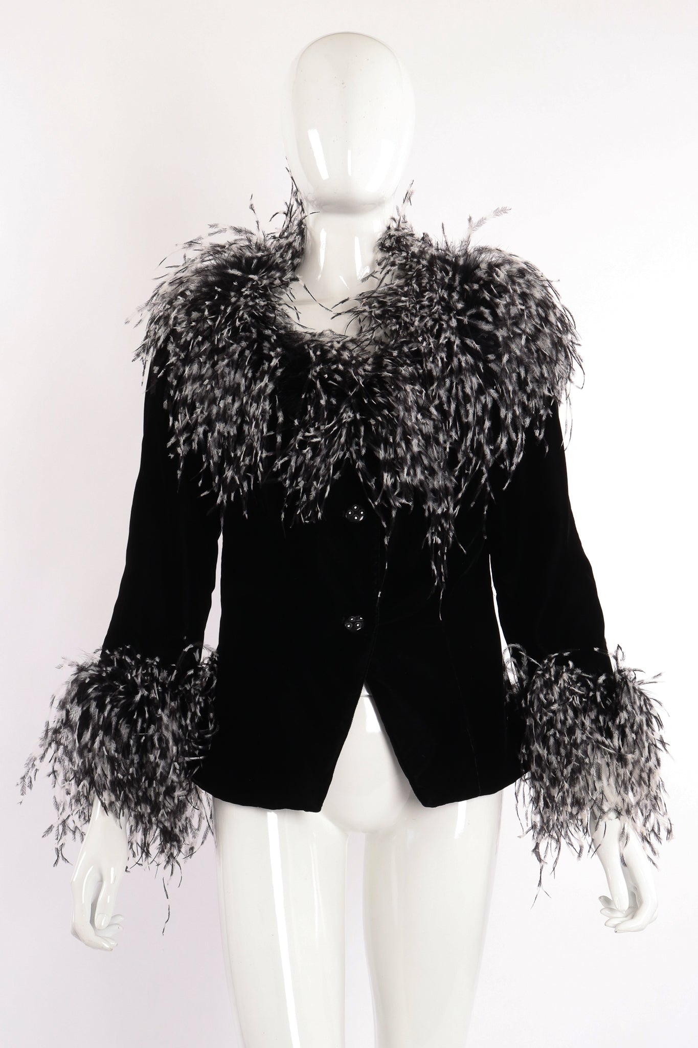Vintage Bob Mackie Velvet Ostrich Feather Jacket on Mannequin front at Recess Los Angeles