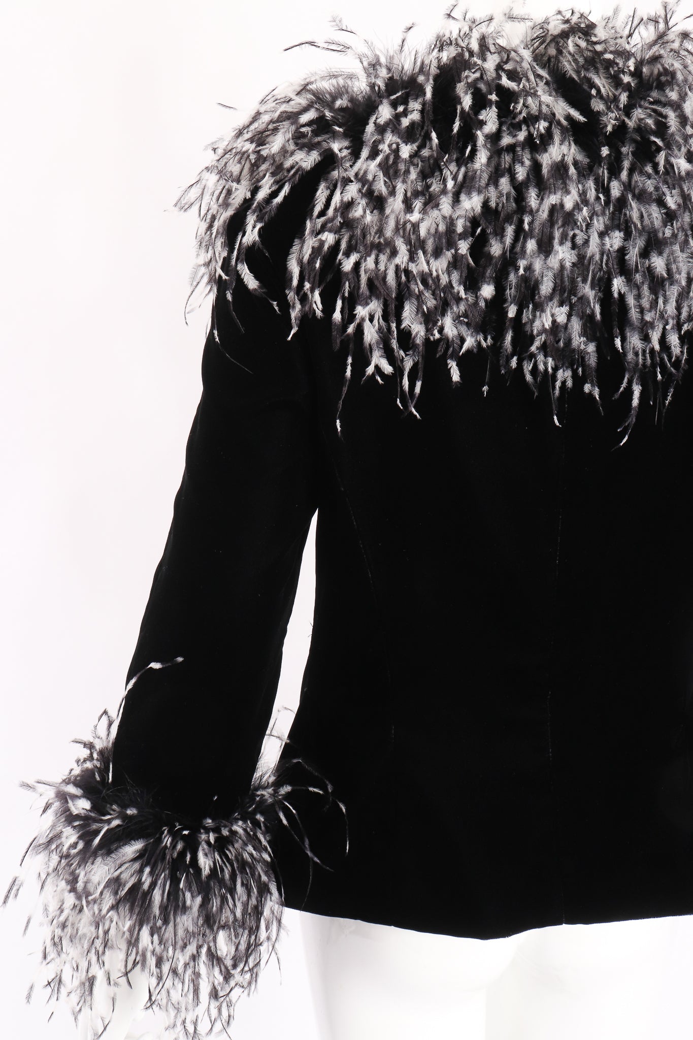 Vintage Bob Mackie Velvet Ostrich Feather Jacket on Mannequin back collar at Recess LA