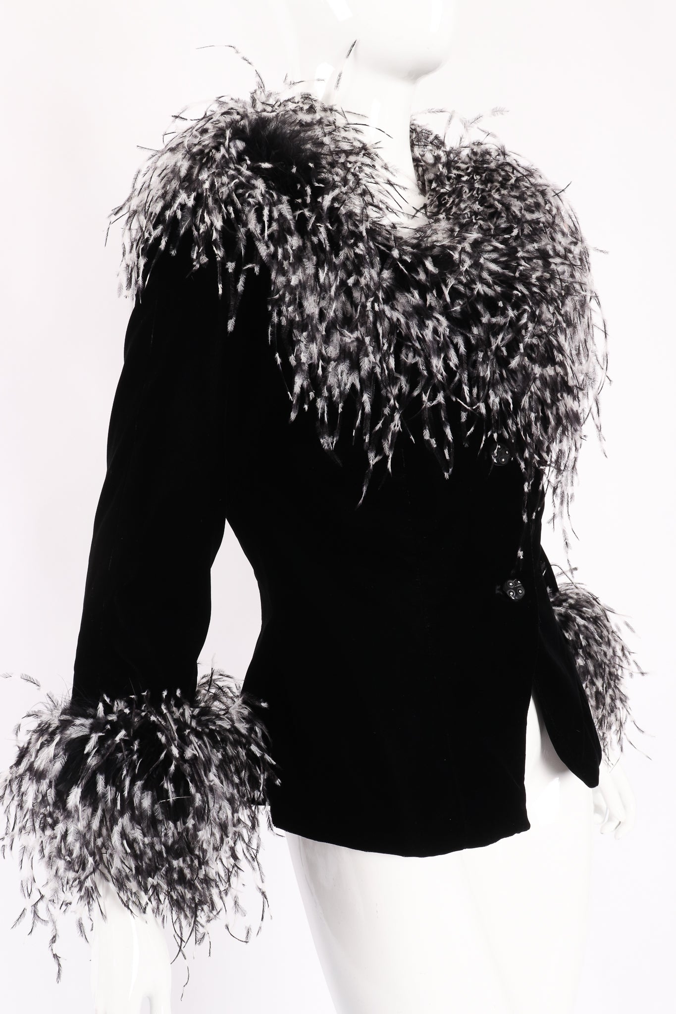 Vintage Bob Mackie Velvet Ostrich Feather Jacket on Mannequin angle at Recess Los Angeles