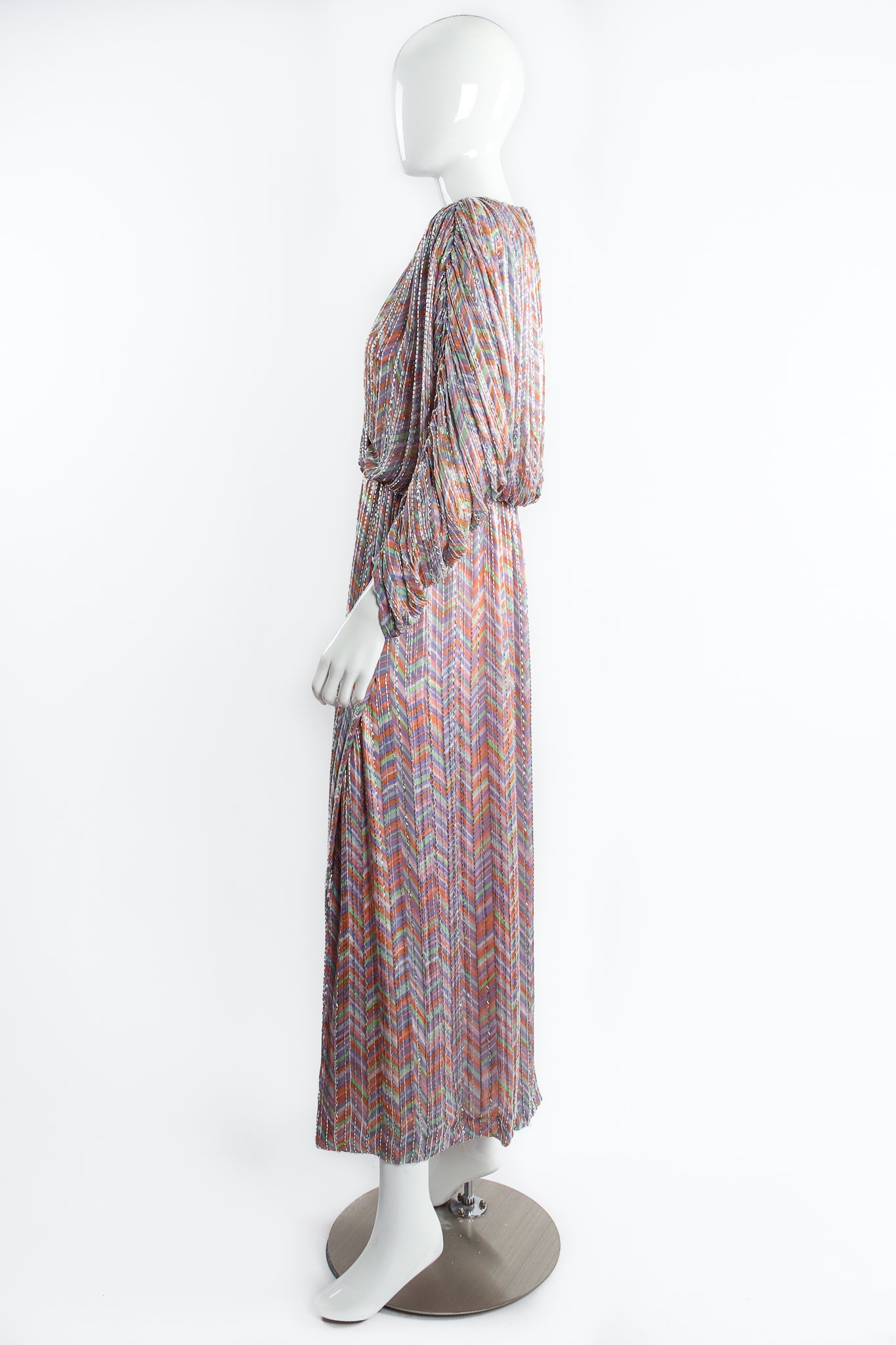 Vintage Bob Mackie Pastel Beaded Micro Chevron Gown on Mannequin side at Recess Los Angeleså