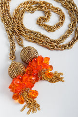 Vintage Unsigned Fiery Orange Beaded Tassel Wrap Necklace or Belt on Grey