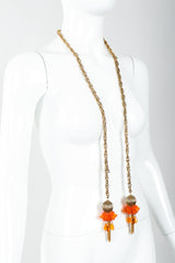 Vintage Unsigned Fiery Orange Beaded Tassel Wrap Necklace on Mannequin at Recess