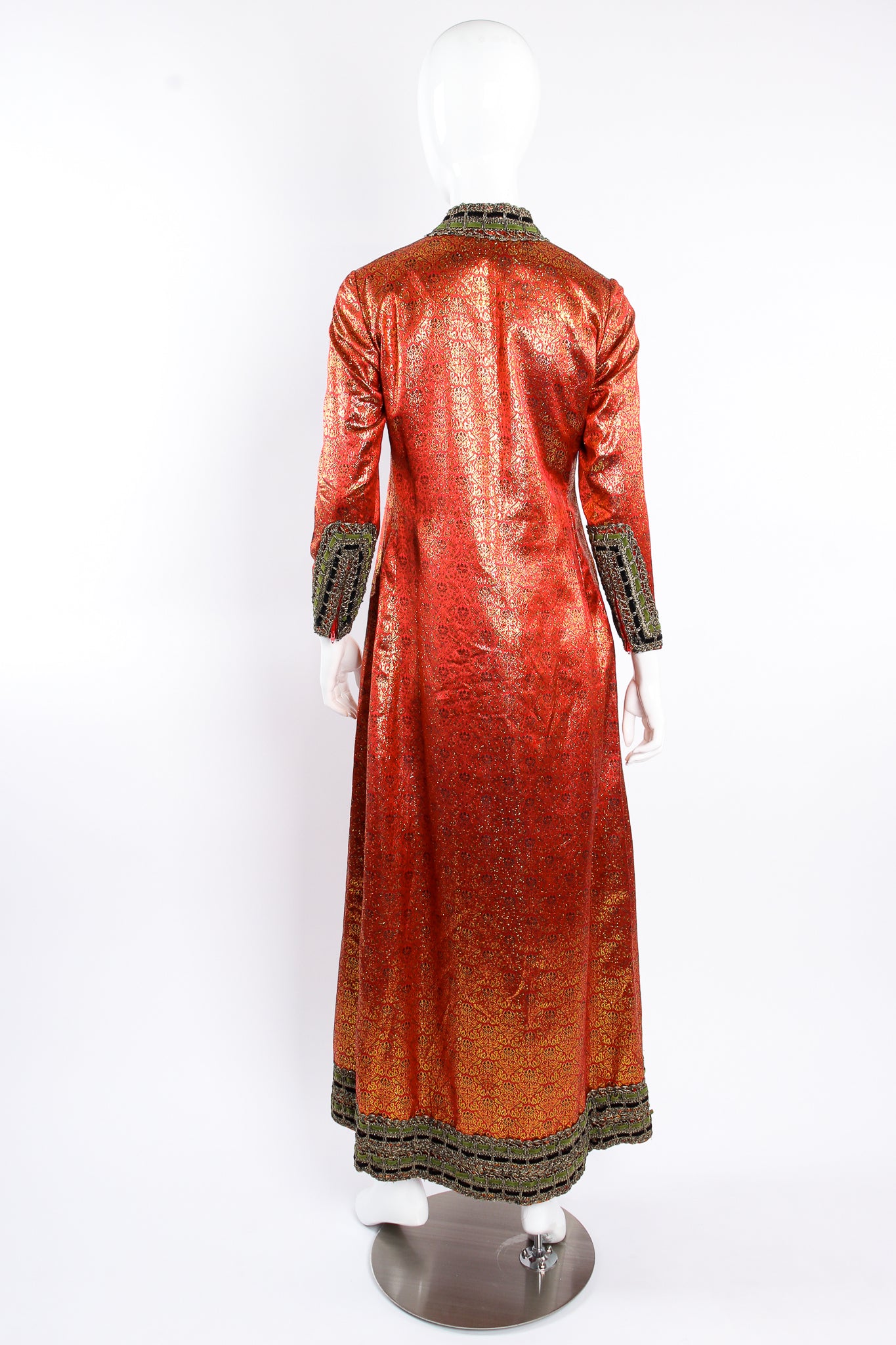 Vintage Burke-Amey Ribbon Brocade Caftan Dress on mannequin back at Recess Los Angeles