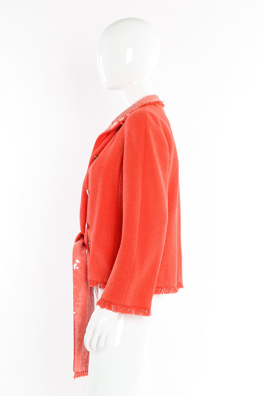 Bouclé tweed knit jacket by Chanel on mannequin side @recessla