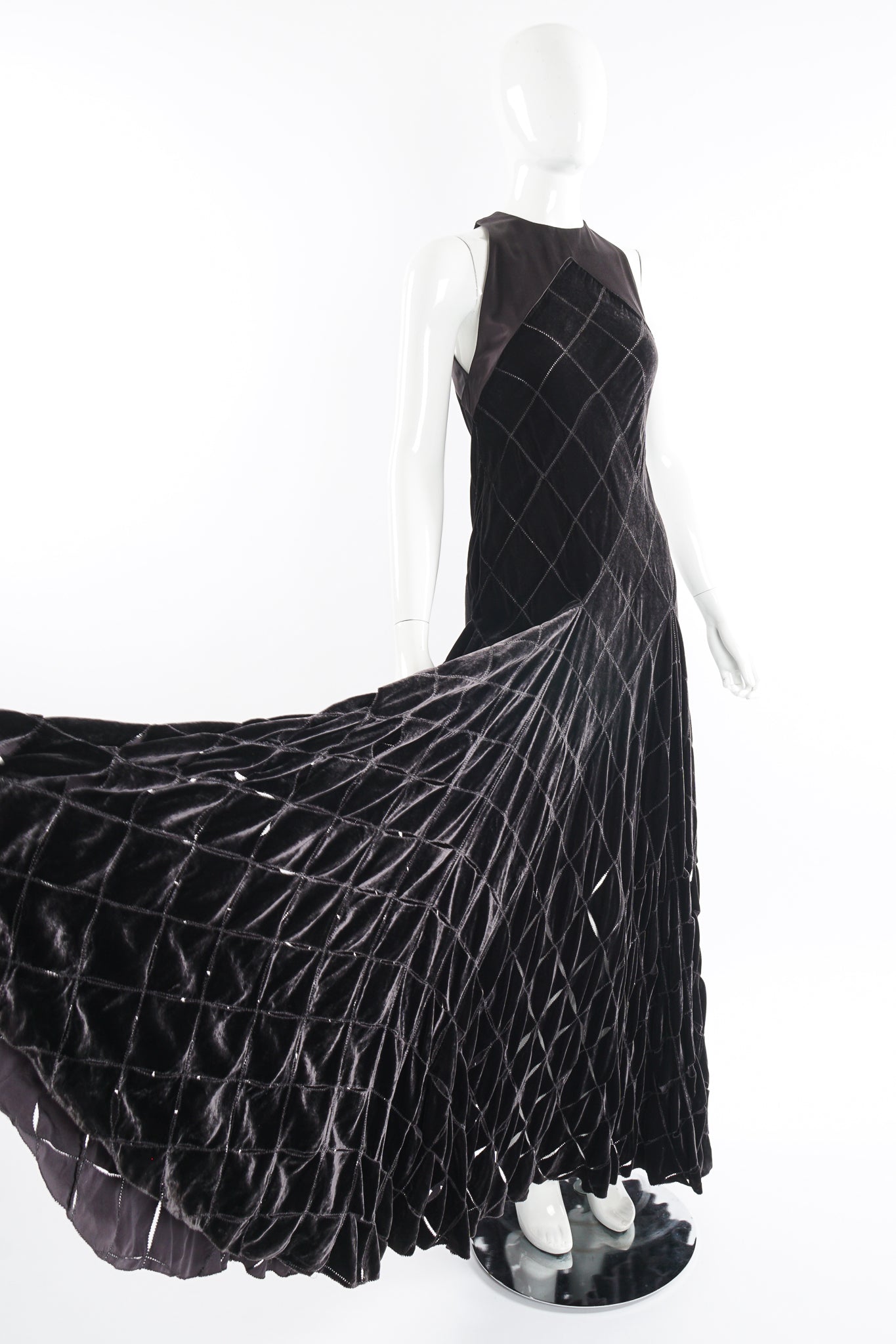 Vintage Calvin Klein Velvet Lattice Cut Gown on Mannequin side at Recess Los Angeles