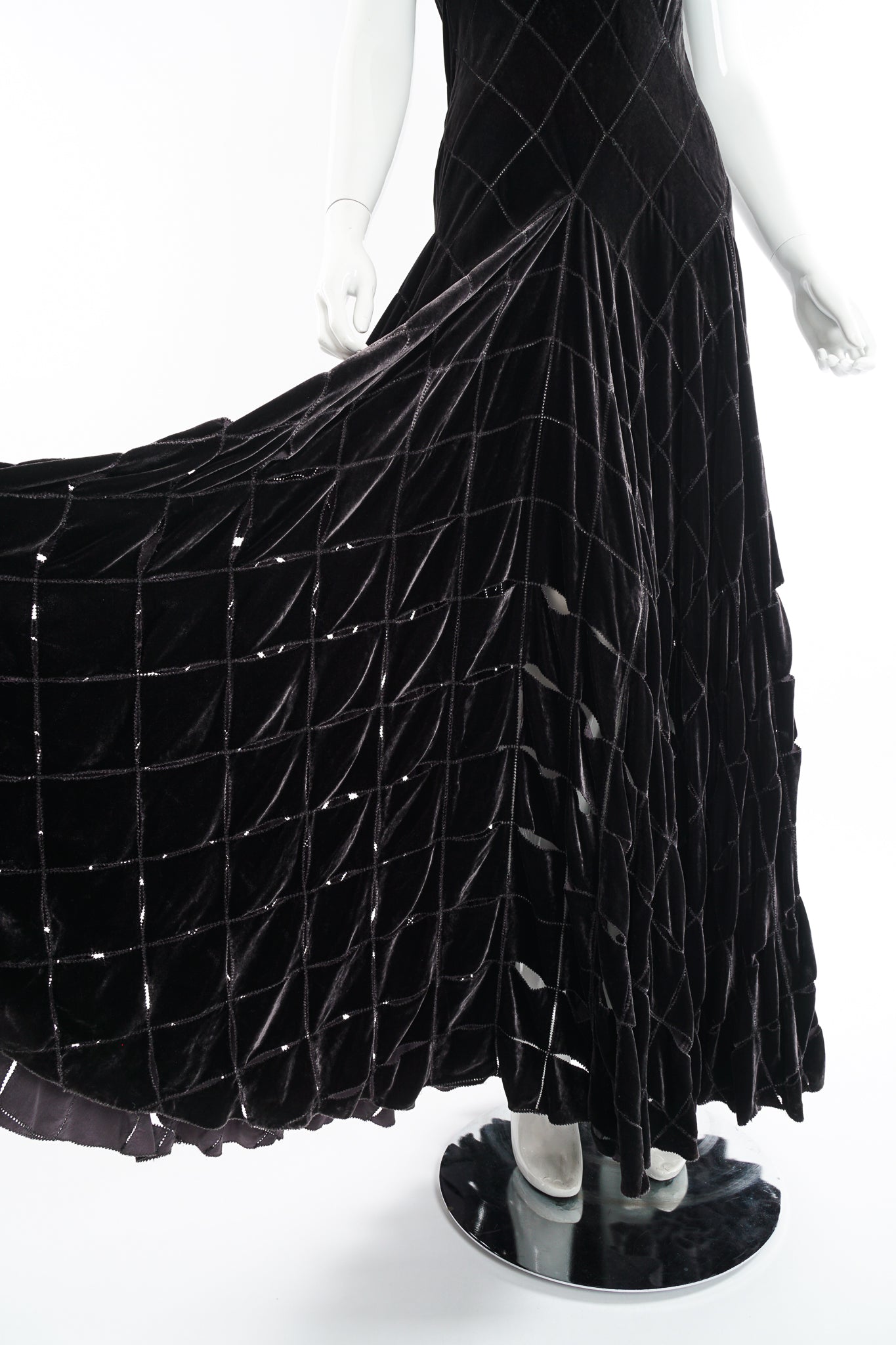 Vintage Calvin Klein Velvet Lattice Cut Gown on Mannequin skirt at Recess Los Angeles