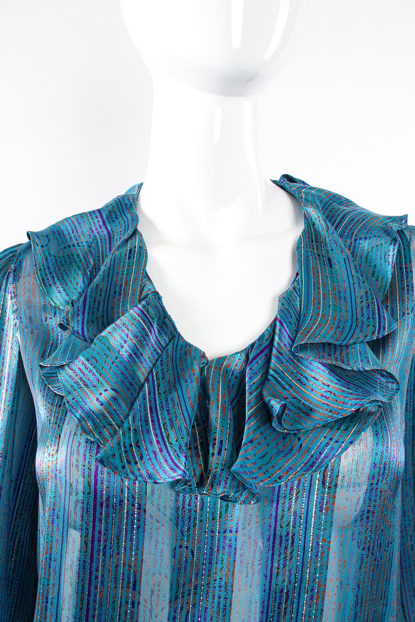 Vintage Carlisle Sheer Paisley Stripe Silk Ruffle Blouse on mannequin collar at Recess LA