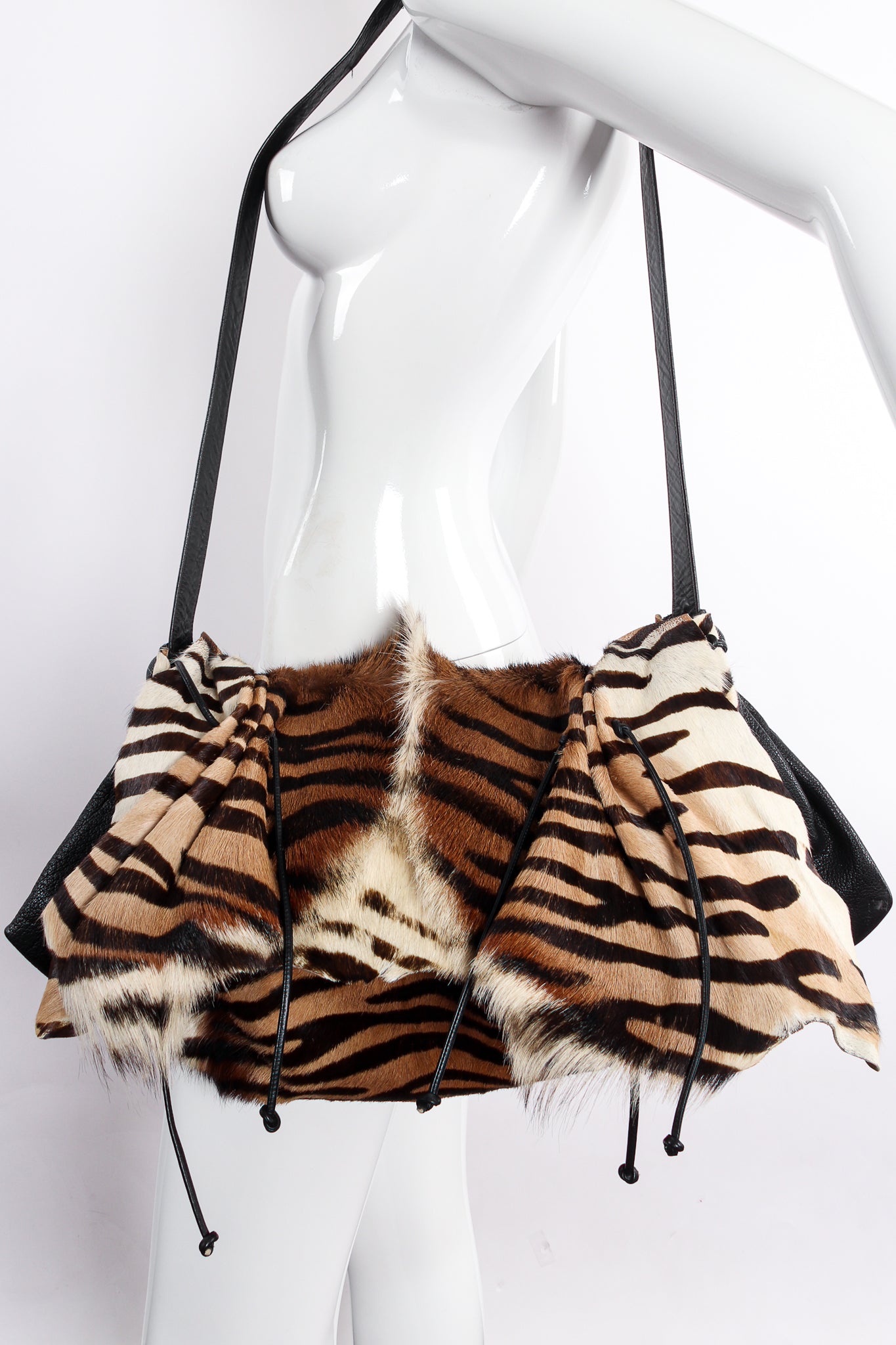 Vintage Carlos Falchi Tiger Print Animal Hair Flap Pouch Bag on Mannequin Front at Recess LA