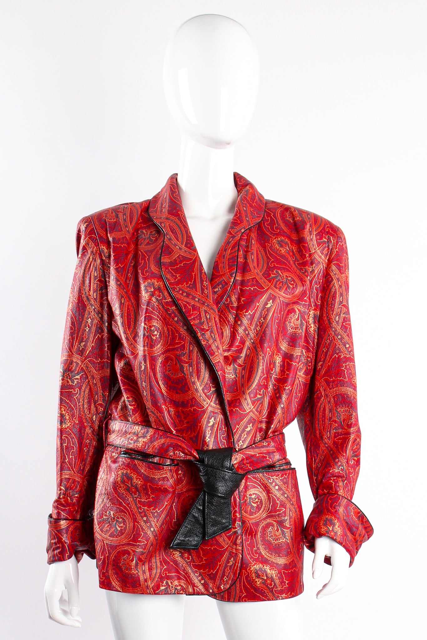 Vintage Carlos Falchi Paisley Leather Smoking Jacket on mannequin front at Recess Los Angeles