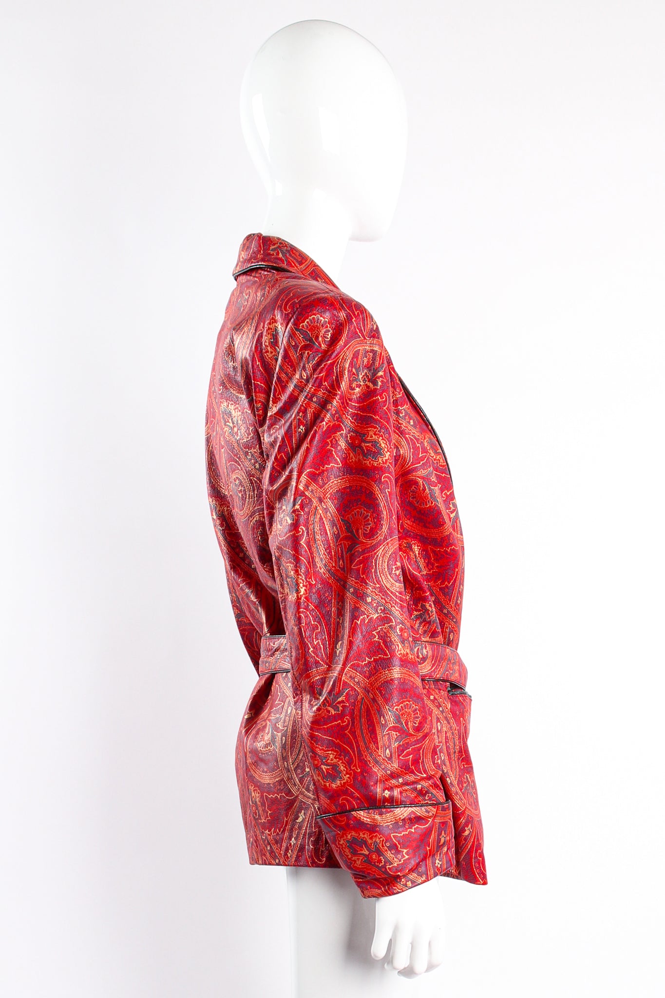 Vintage Carlos Falchi Paisley Leather Smoking Jacket on mannequin side at Recess Los Angeles