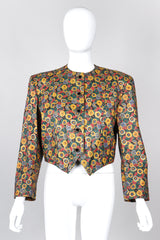 Recess Los Angeles Vintage Carlos Falchi Floral Leather Painted Jacket Collarless Button Down