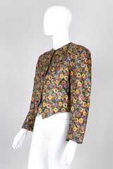 Recess Los Angeles Vintage Carlos Falchi Floral Leather Painted Jacket Collarless Button Down