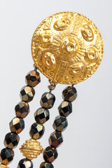Vintage Carlos Falchi Long Beaded Disc Drop Shoulder Duster Earrings shield detail
