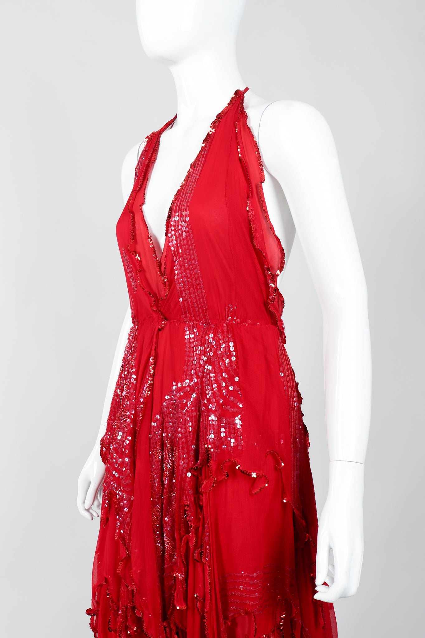 Vintage Carole Lee Red Flutter Halter Dance Dress on Mannequin bust at Recess Los Angeles