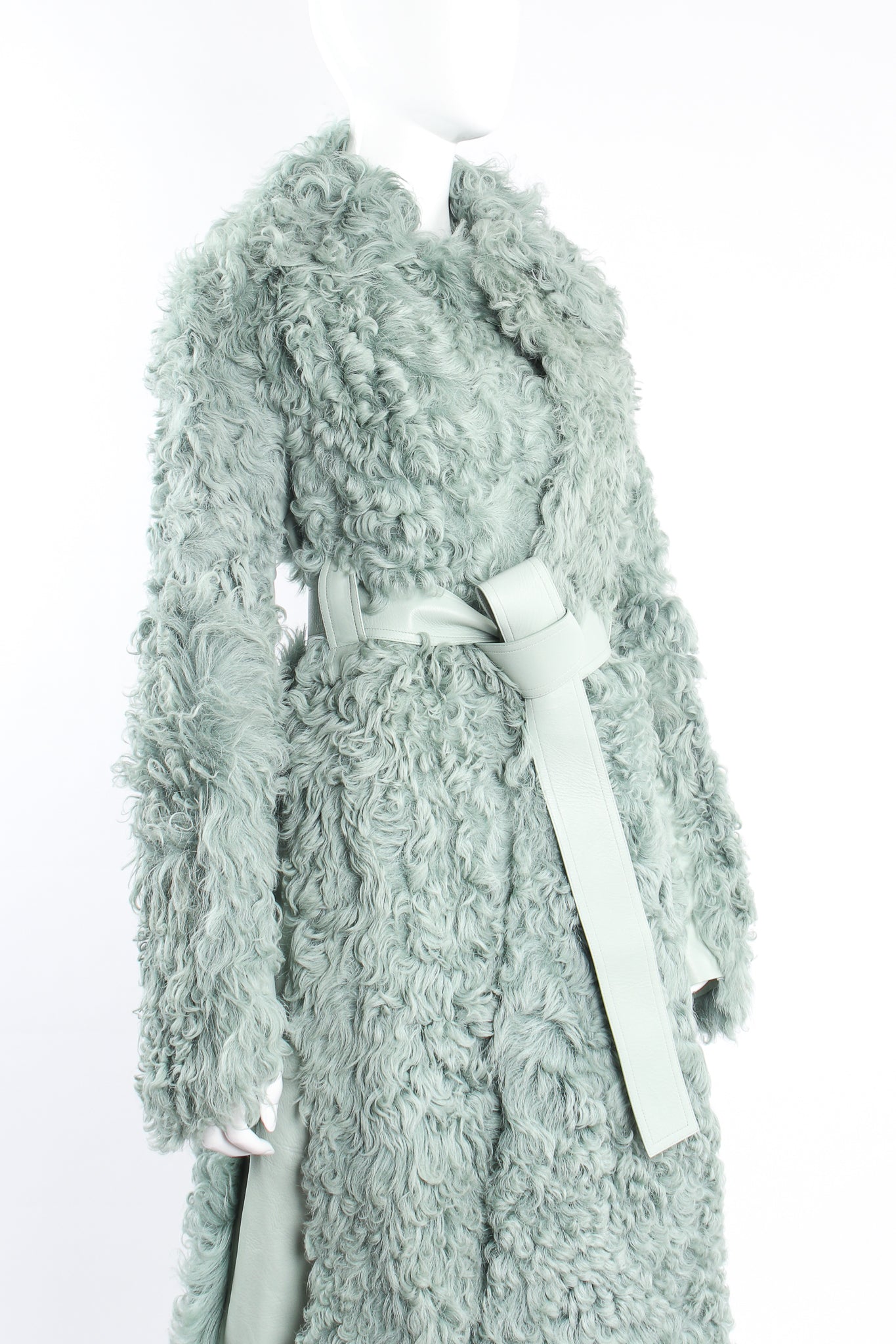Vintage Celine Seafoam Curly Lamb Fur Coat on mannequin crop at Recess Los Angeles