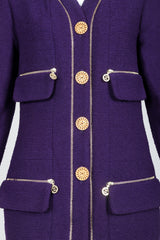 Vintage Chanel Zipper Hardware Bouclé Jacket & Skirt Set on Mannequin Front Crop at Recess