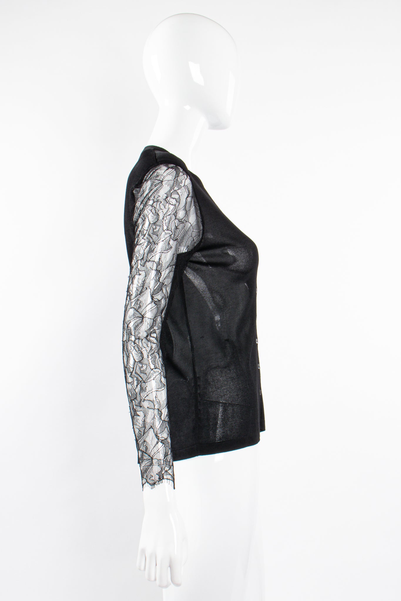 Vintage Chanel 2000T Chantilly Lace Sleeve Knit Cardigan on Mannequin side at Recess Los Angeles