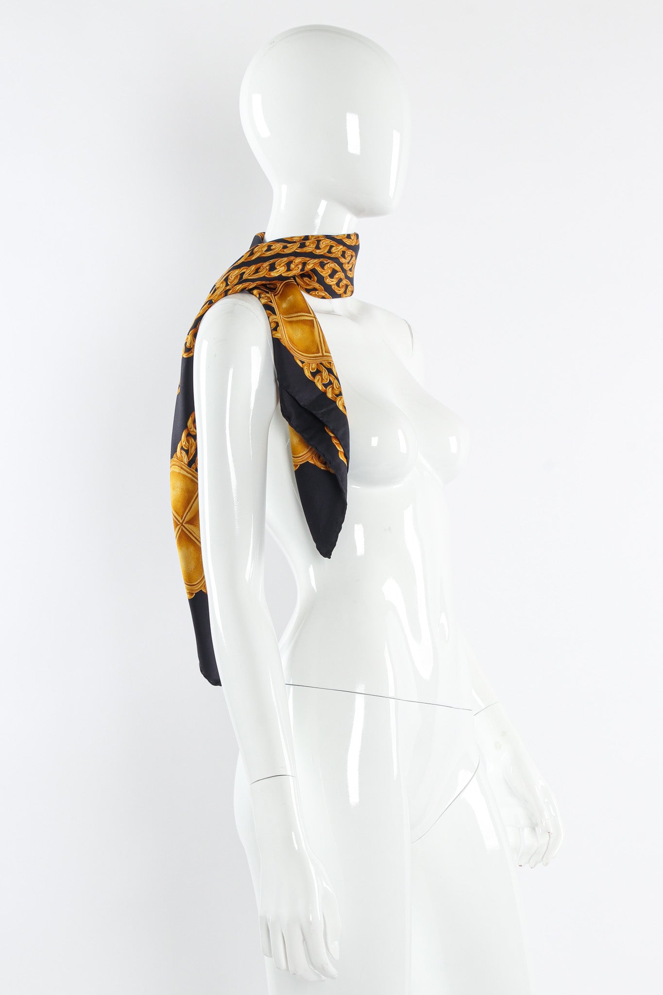 Vintage Chanel Geo Gold Chain Print Silk Scarf mannequin side @ Recess LA