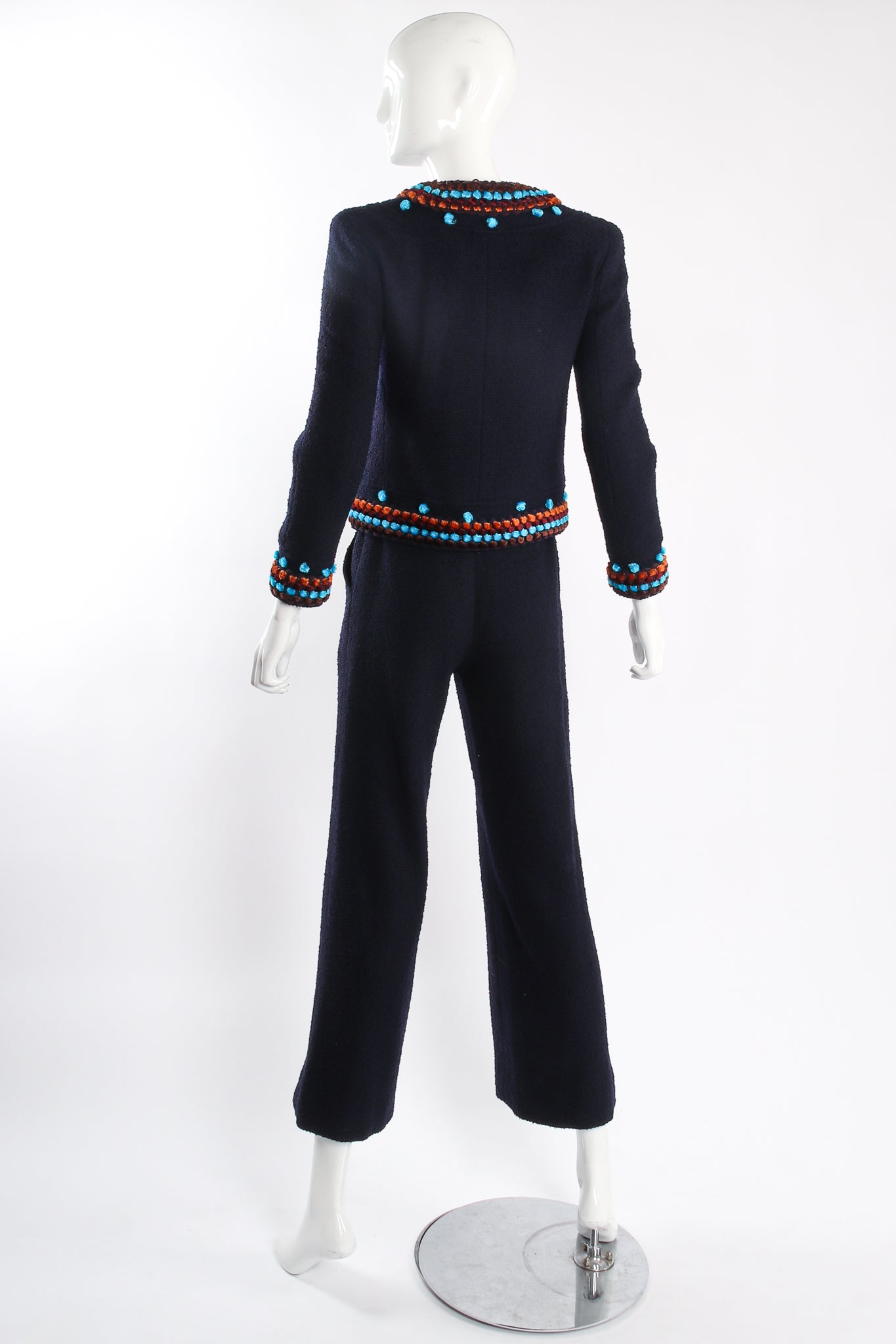 Vintage Chanel 1997A Chenille Trim Tweed Jacket & Pant Suit on Mannequin back at Recess LA